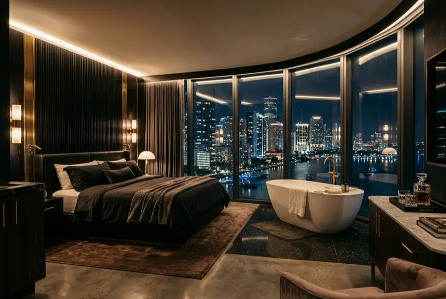 Skyline Suite layout with city views at night