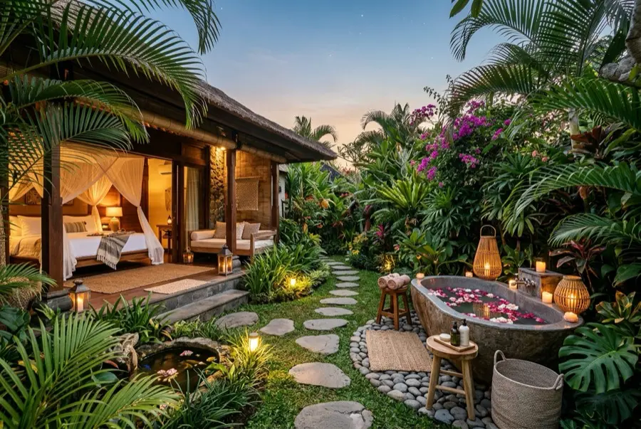 Luna Oasis Villa lush garden with stone bath